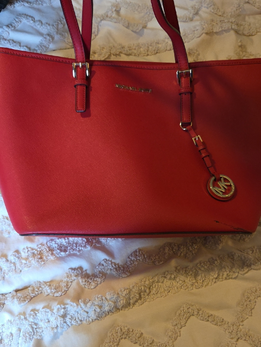 Michael Kors Bright Red Saffiano Tote with Gold MK Charm